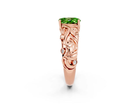 Rose gold Oval Cut Solitaire Peridot Leaf-Inspired Vine Band Ring with Prong Setting_2