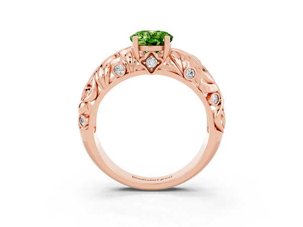 Rose gold Oval Cut Solitaire Peridot Leaf-Inspired Vine Band Ring with Prong Setting