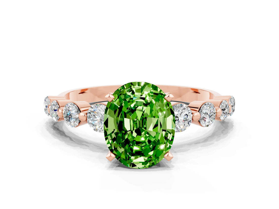 Rose gold Oval Cut Solitaire Peridot Ring with Pave Band and Four-Prong Setting