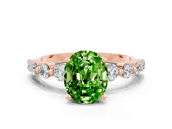 Rose gold Oval Cut Solitaire Peridot Ring with Pave Band and Four-Prong Setting