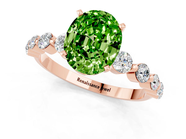 Rose gold Oval Cut Solitaire Peridot Ring with Pave Band and Four-Prong Setting