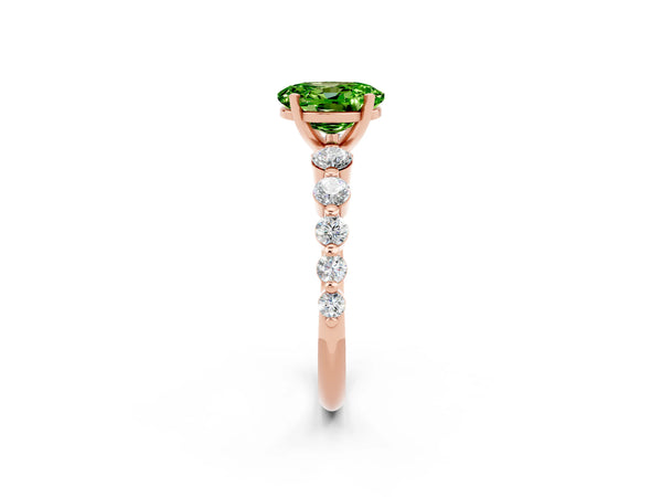 Rose gold Oval Cut Solitaire Peridot Ring with Pave Band and Four-Prong Setting