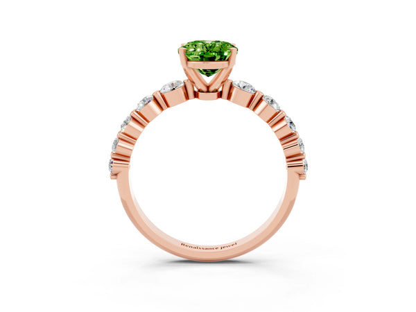Rose gold Oval Cut Solitaire Peridot Ring with Pave Band and Four-Prong Setting