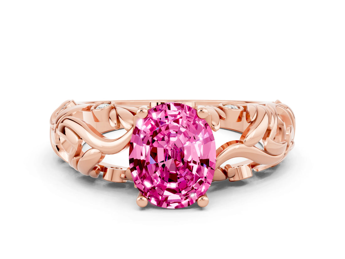 Rose gold Oval Cut Solitaire Pink Sapphire Leaf-Inspired Vine Band Ring with Prong Setting_24