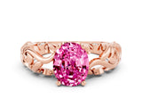 Rose gold Oval Cut Solitaire Pink Sapphire Leaf-Inspired Vine Band Ring with Prong Setting_24