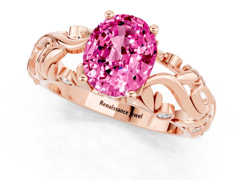 Rose gold Oval Cut Solitaire Pink Sapphire Leaf-Inspired Vine Band Ring with Prong Setting_25
