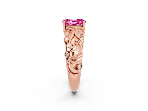 Rose gold Oval Cut Solitaire Pink Sapphire Leaf-Inspired Vine Band Ring with Prong Setting_26
