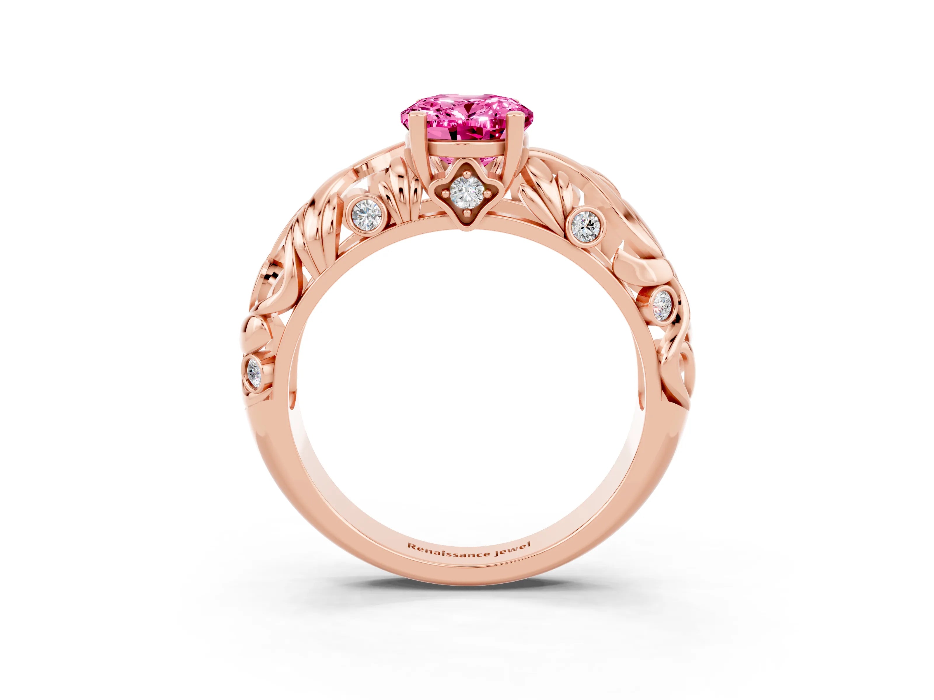 Rose gold Oval Cut Solitaire Pink Sapphire Leaf-Inspired Vine Band Ring with Prong Setting_27