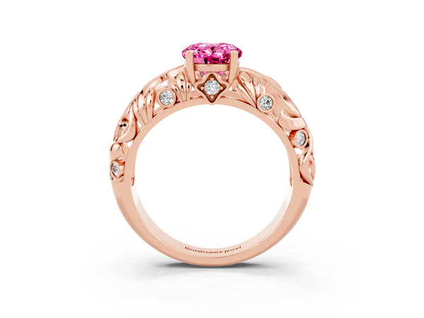 Rose gold Oval Cut Solitaire Pink Sapphire Leaf-Inspired Vine Band Ring with Prong Setting