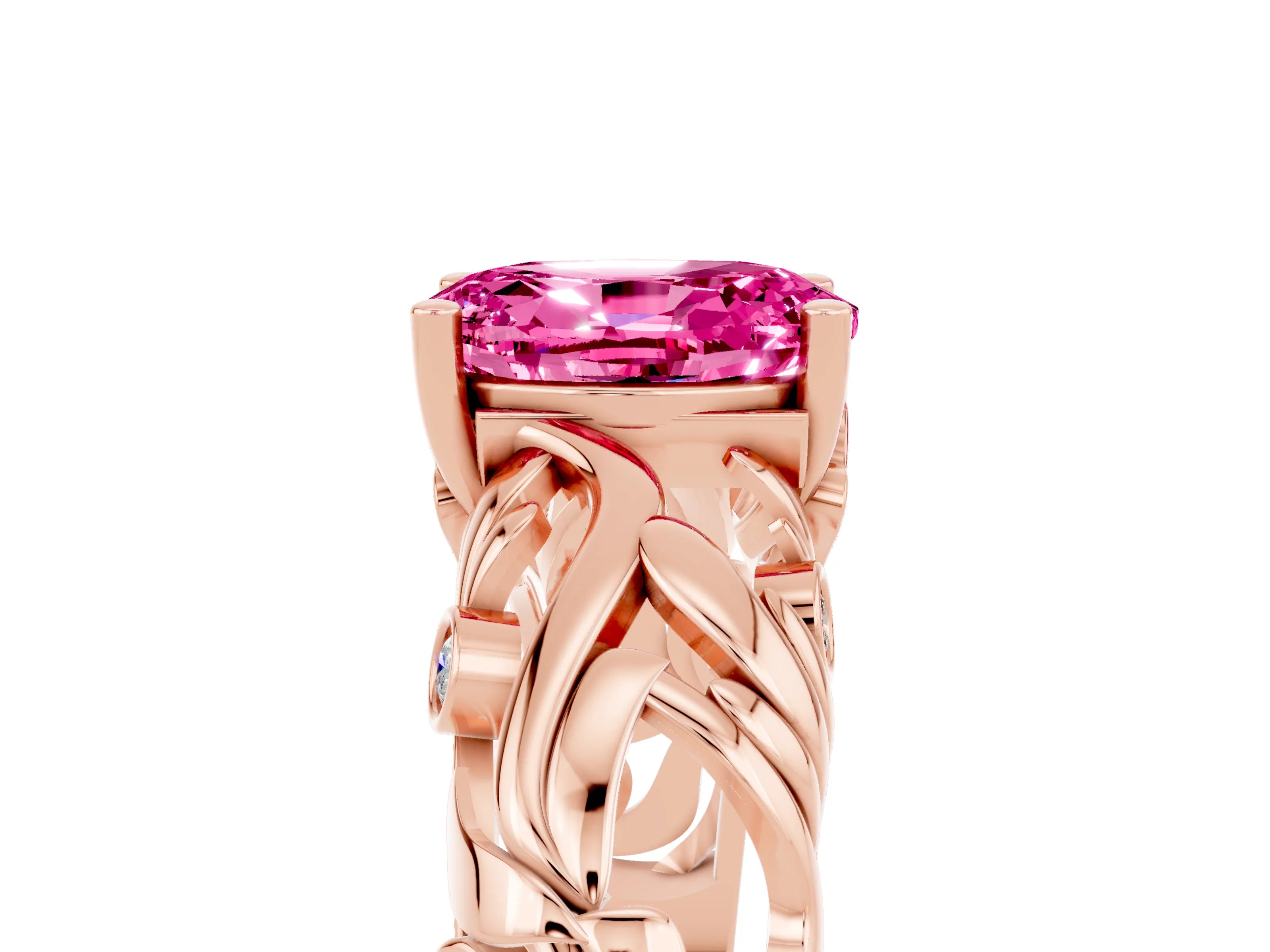 Rose gold Oval Cut Solitaire Pink Sapphire Leaf-Inspired Vine Band Ring with Prong Setting_29