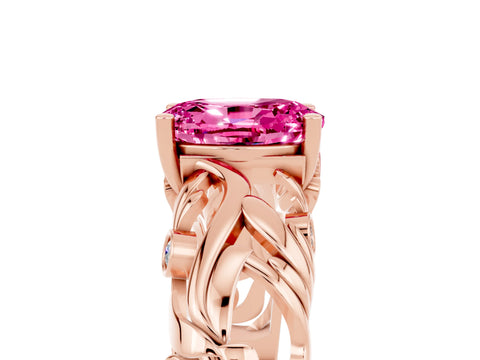Rose gold Oval Cut Solitaire Pink Sapphire Leaf-Inspired Vine Band Ring with Prong Setting_29