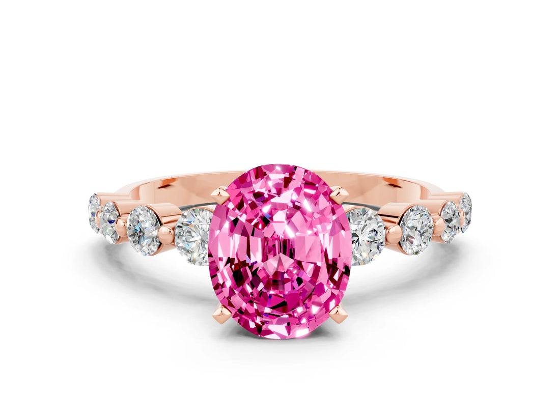 Rose gold Oval Cut Solitaire Pink Sapphire Ring with Pave Band and Four-Prong Setting_24