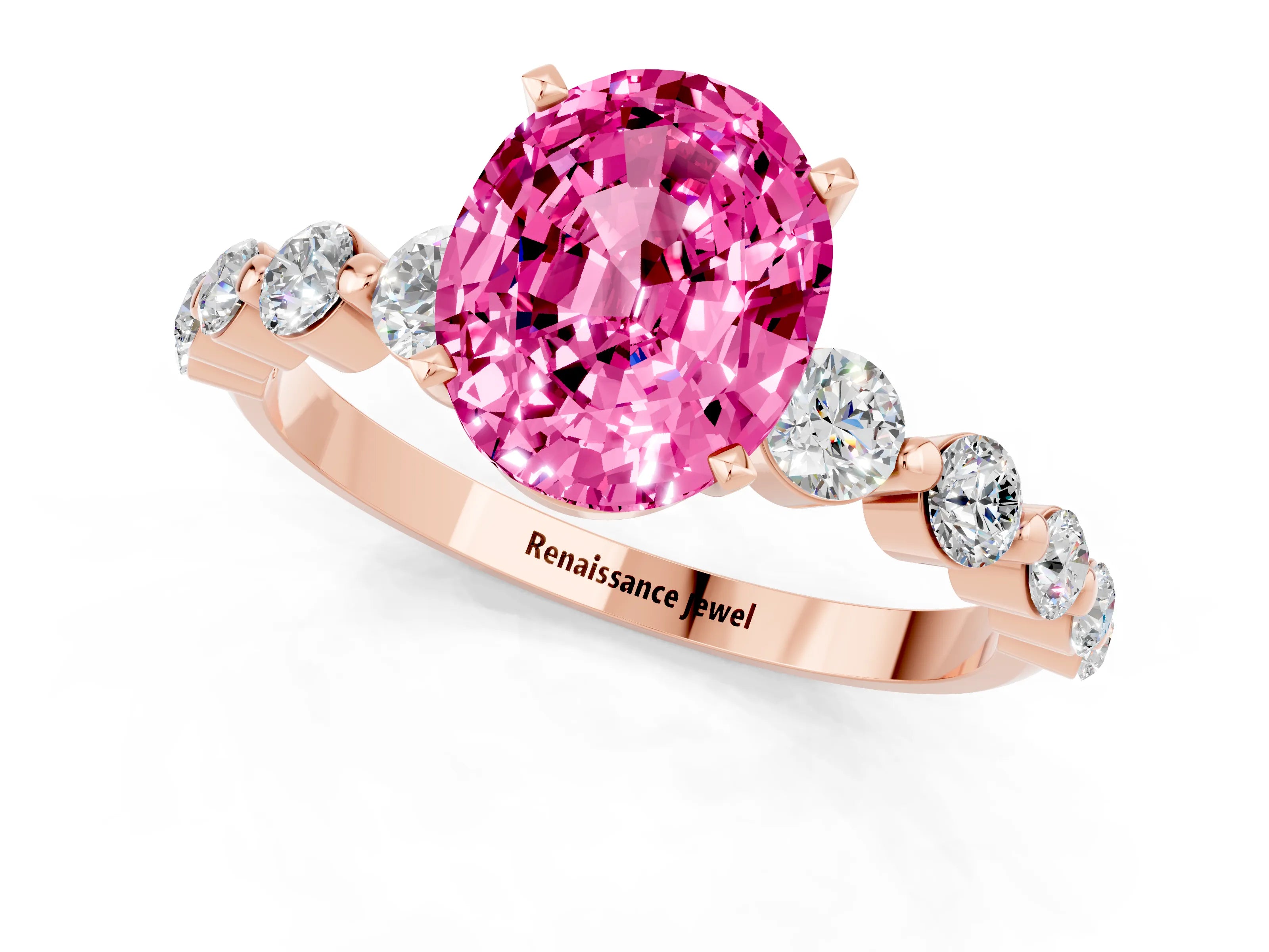 Rose gold Oval Cut Solitaire Pink Sapphire Ring with Pave Band and Four-Prong Setting_25
