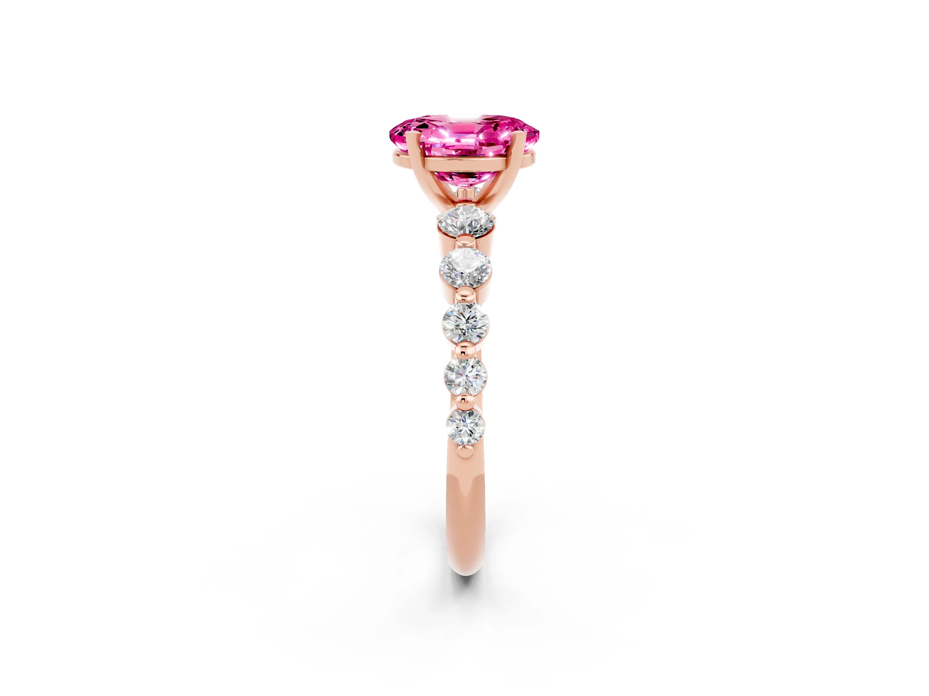 Rose gold Oval Cut Solitaire Pink Sapphire Ring with Pave Band and Four-Prong Setting_26