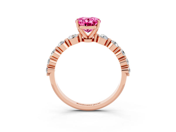 Rose gold Oval Cut Solitaire Pink Sapphire Ring with Pave Band and Four-Prong Setting