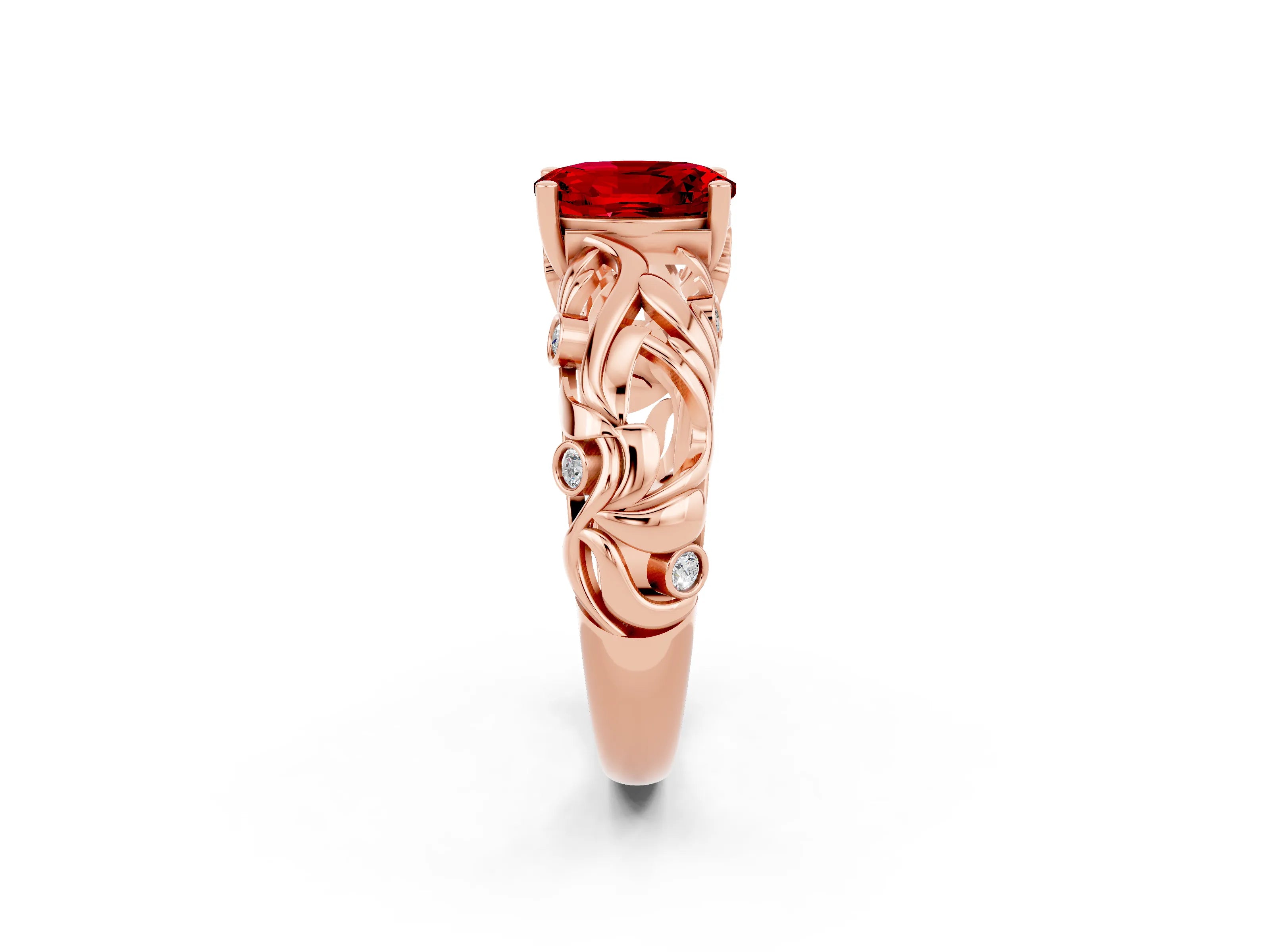 Rose gold Oval Cut Solitaire Ruby Leaf-Inspired Vine Band Ring with Prong Setting_2