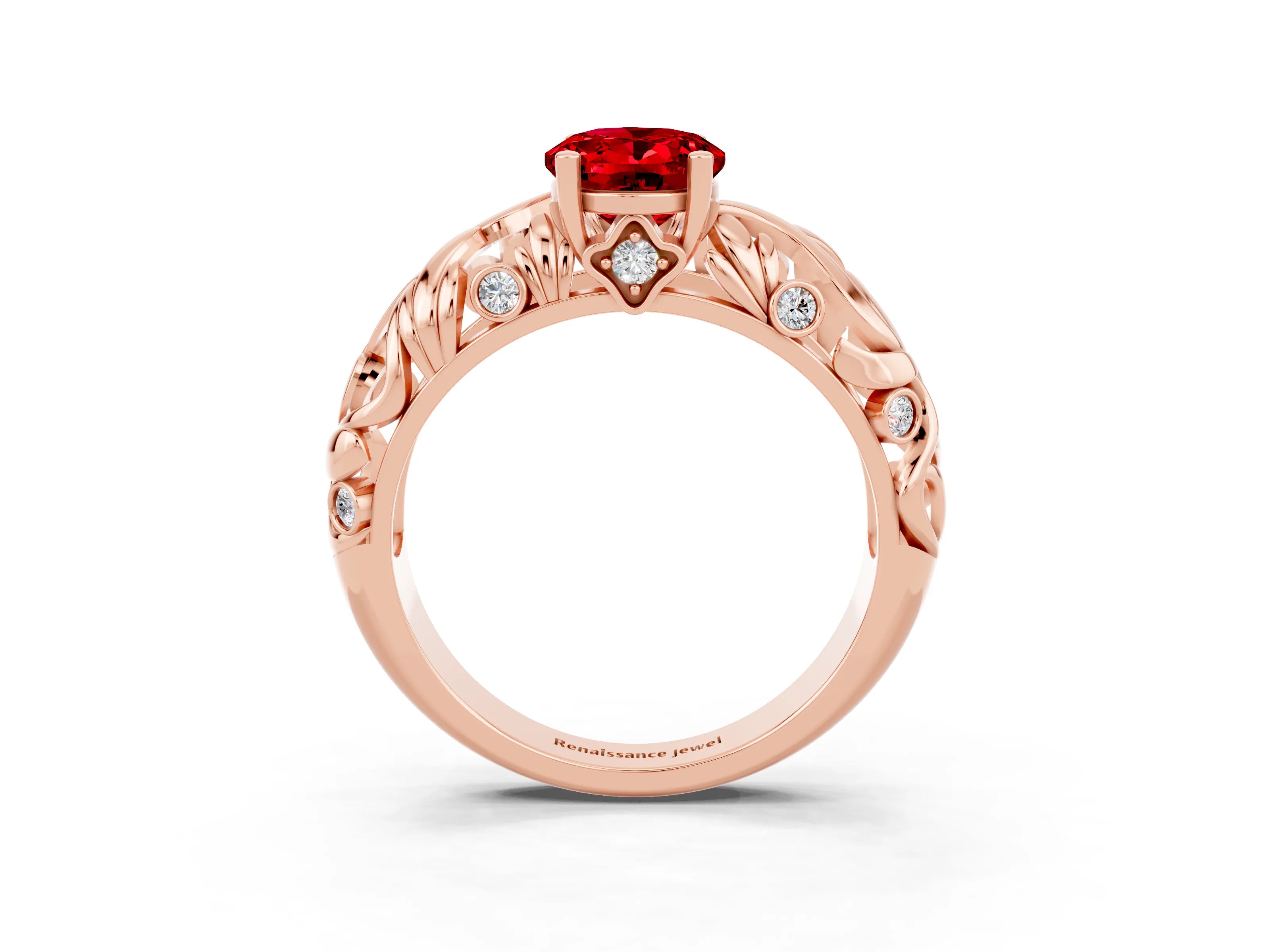 Rose gold Oval Cut Solitaire Ruby Leaf-Inspired Vine Band Ring with Prong Setting_3