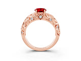 Rose gold Oval Cut Solitaire Ruby Leaf-Inspired Vine Band Ring with Prong Setting_3