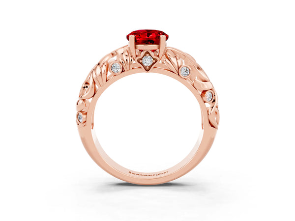 Rose gold Oval Cut Solitaire Ruby Leaf-Inspired Vine Band Ring with Prong Setting