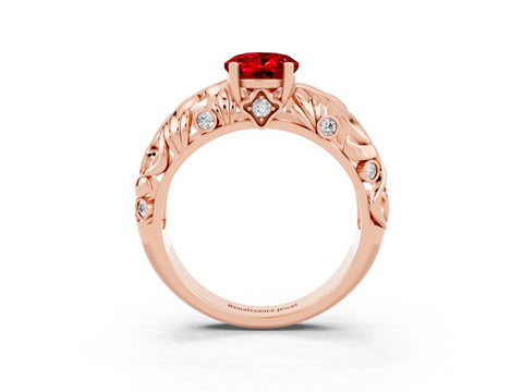 Rose gold Oval Cut Solitaire Ruby Leaf-Inspired Vine Band Ring with Prong Setting_3