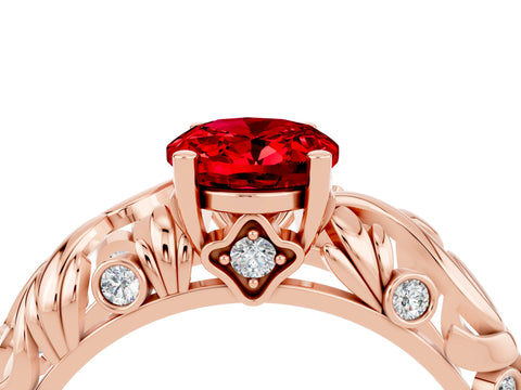 Rose gold Oval Cut Solitaire Ruby Leaf-Inspired Vine Band Ring with Prong Setting_4