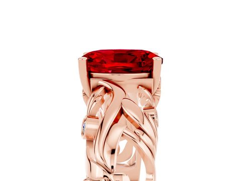 Rose gold Oval Cut Solitaire Ruby Leaf-Inspired Vine Band Ring with Prong Setting_5