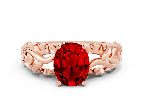 Rose gold Oval Cut Solitaire Ruby Leaf-Inspired Vine Band Ring with Prong Setting