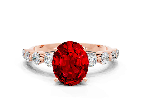 Rose gold Oval Cut Solitaire Ruby Ring with Pave Band and Four-Prong Setting