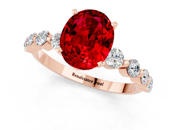 Rose gold Oval Cut Solitaire Ruby Ring with Pave Band and Four-Prong Setting