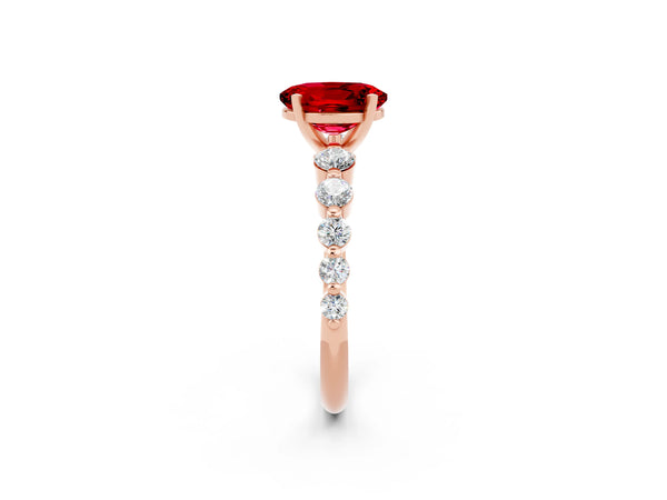 Rose gold Oval Cut Solitaire Ruby Ring with Pave Band and Four-Prong Setting