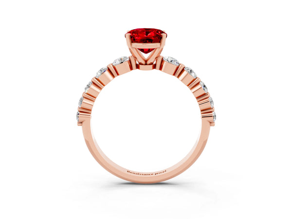 Rose gold Oval Cut Solitaire Ruby Ring with Pave Band and Four-Prong Setting