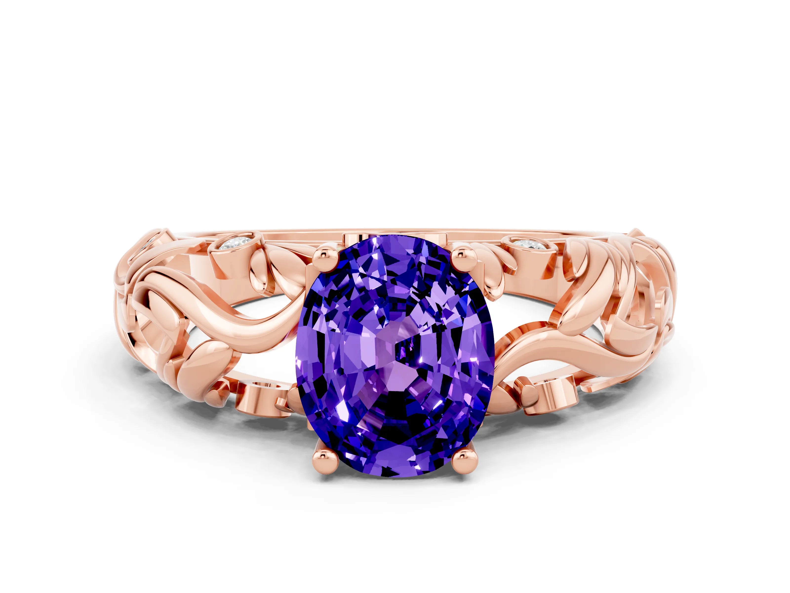Rose gold Oval Cut Solitaire Tanzanite Leaf-Inspired Vine Band Ring with Prong Setting