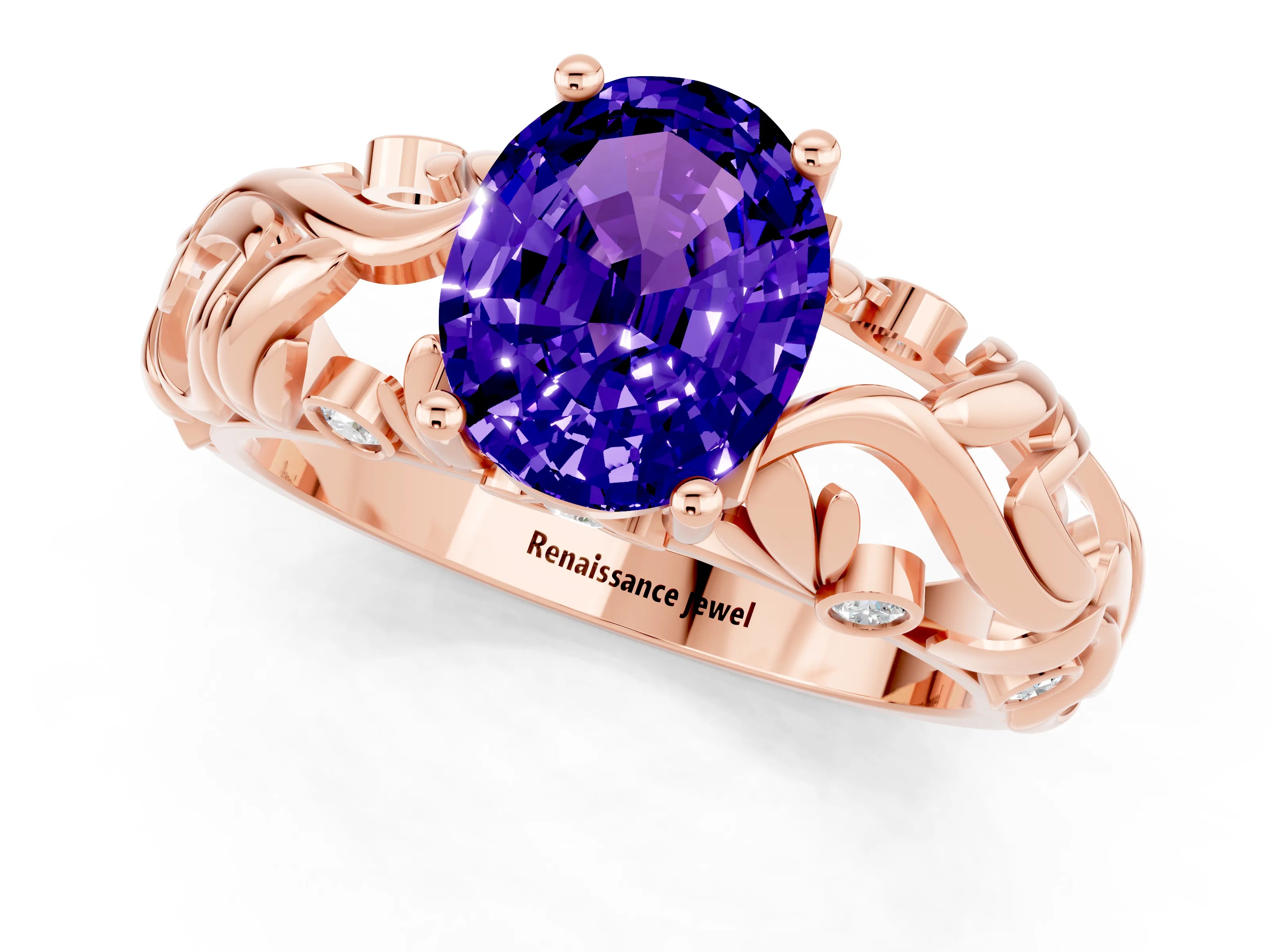 Rose gold Oval Cut Solitaire Tanzanite Leaf-Inspired Vine Band Ring with Prong Setting_1