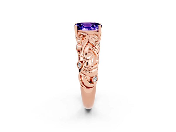 Rose gold Oval Cut Solitaire Tanzanite Leaf-Inspired Vine Band Ring with Prong Setting