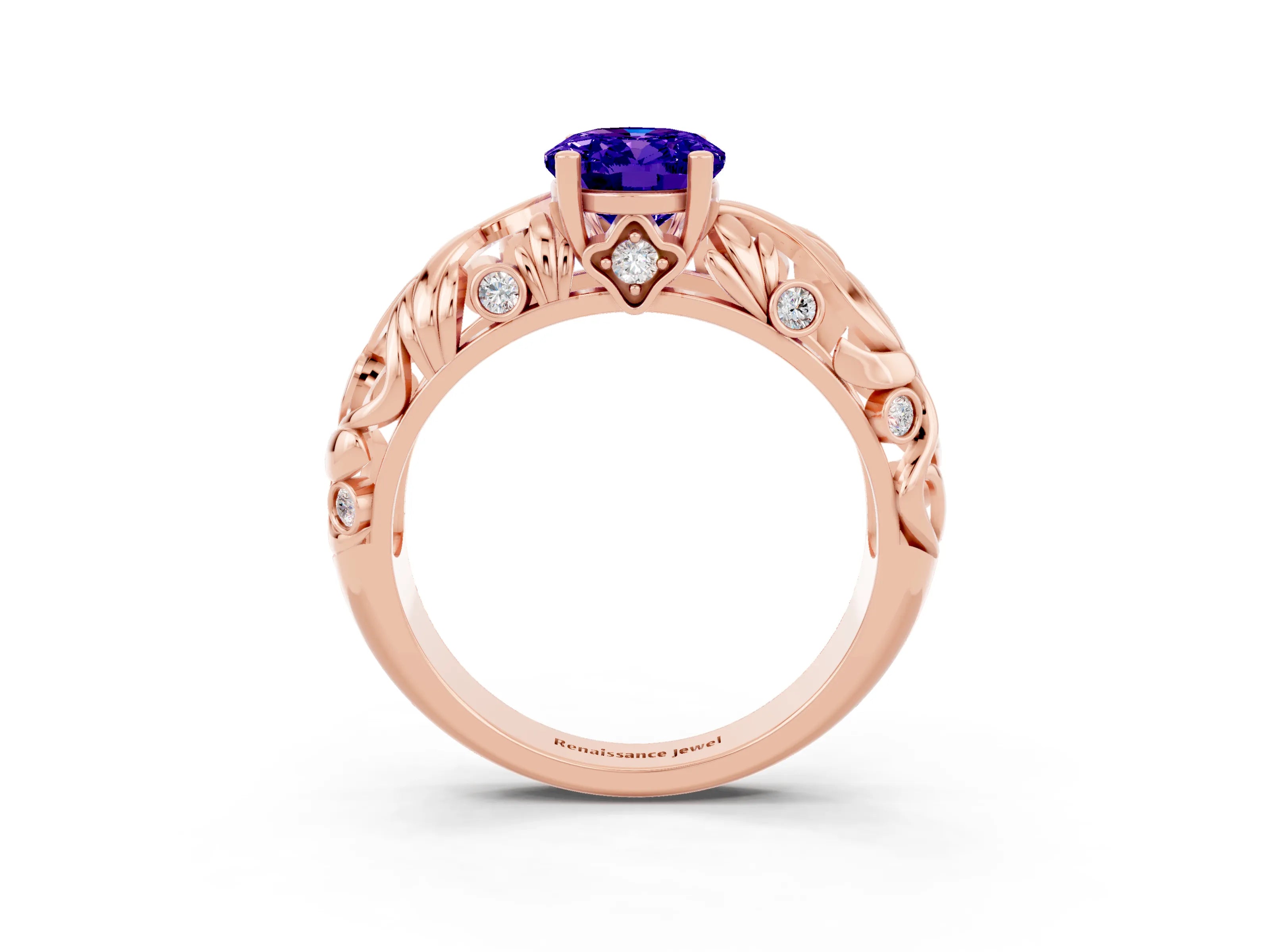 Rose gold Oval Cut Solitaire Tanzanite Leaf-Inspired Vine Band Ring with Prong Setting_3
