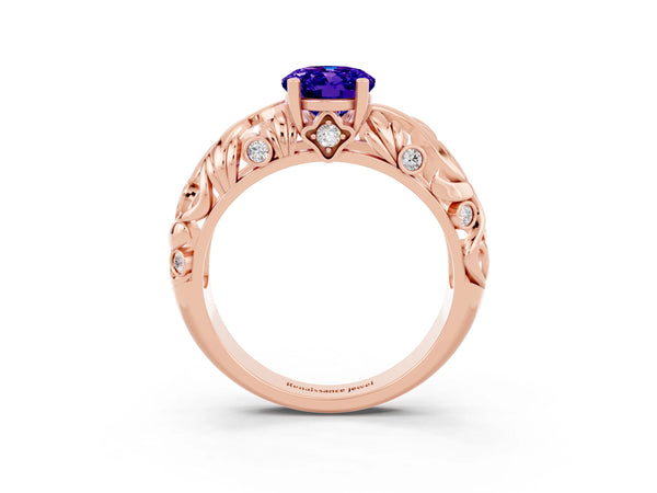 Rose gold Oval Cut Solitaire Tanzanite Leaf-Inspired Vine Band Ring with Prong Setting