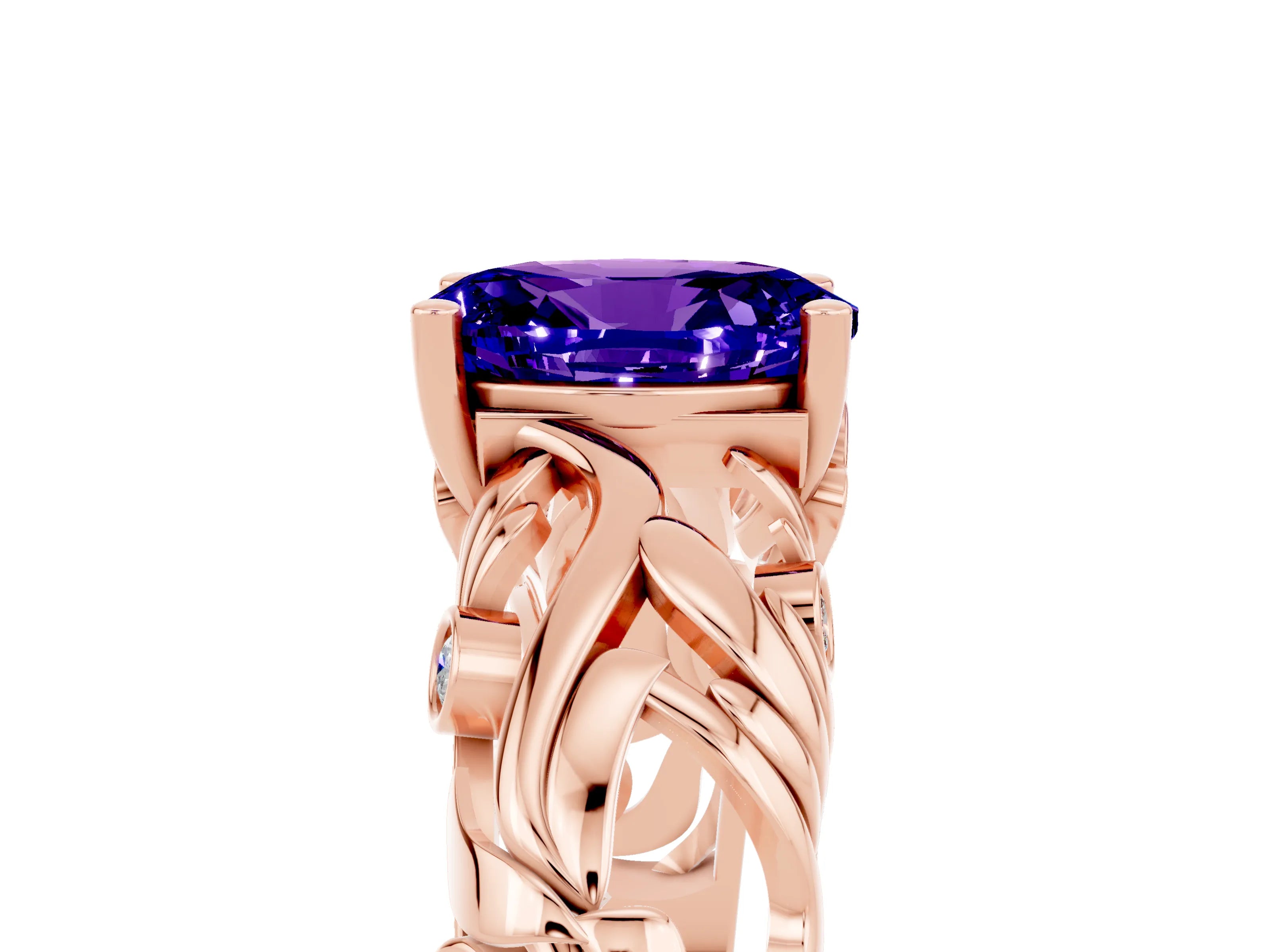 Rose gold Oval Cut Solitaire Tanzanite Leaf-Inspired Vine Band Ring with Prong Setting_5