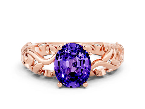 Rose gold Oval Cut Solitaire Tanzanite Leaf-Inspired Vine Band Ring with Prong Setting