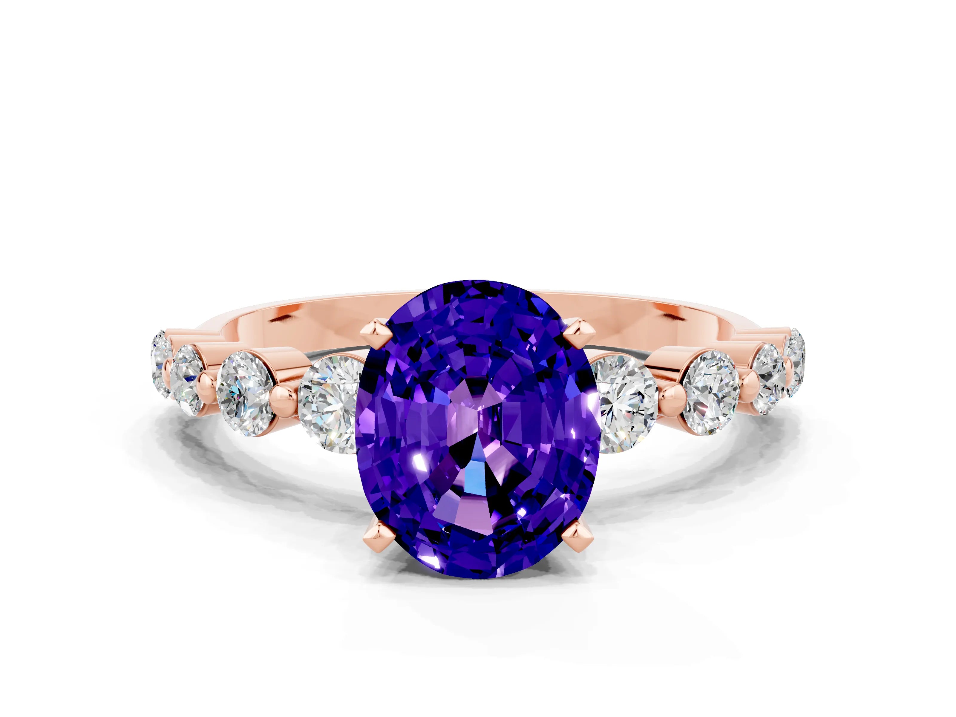 Rose gold Oval Cut Solitaire Tanzanite Ring with Pave Band and Four-Prong Setting