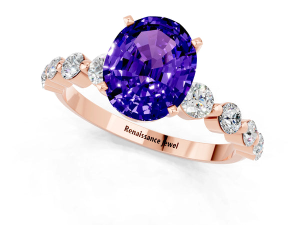 Rose gold Oval Cut Solitaire Tanzanite Ring with Pave Band and Four-Prong Setting
