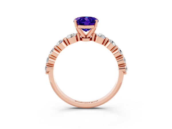 Rose gold Oval Cut Solitaire Tanzanite Ring with Pave Band and Four-Prong Setting