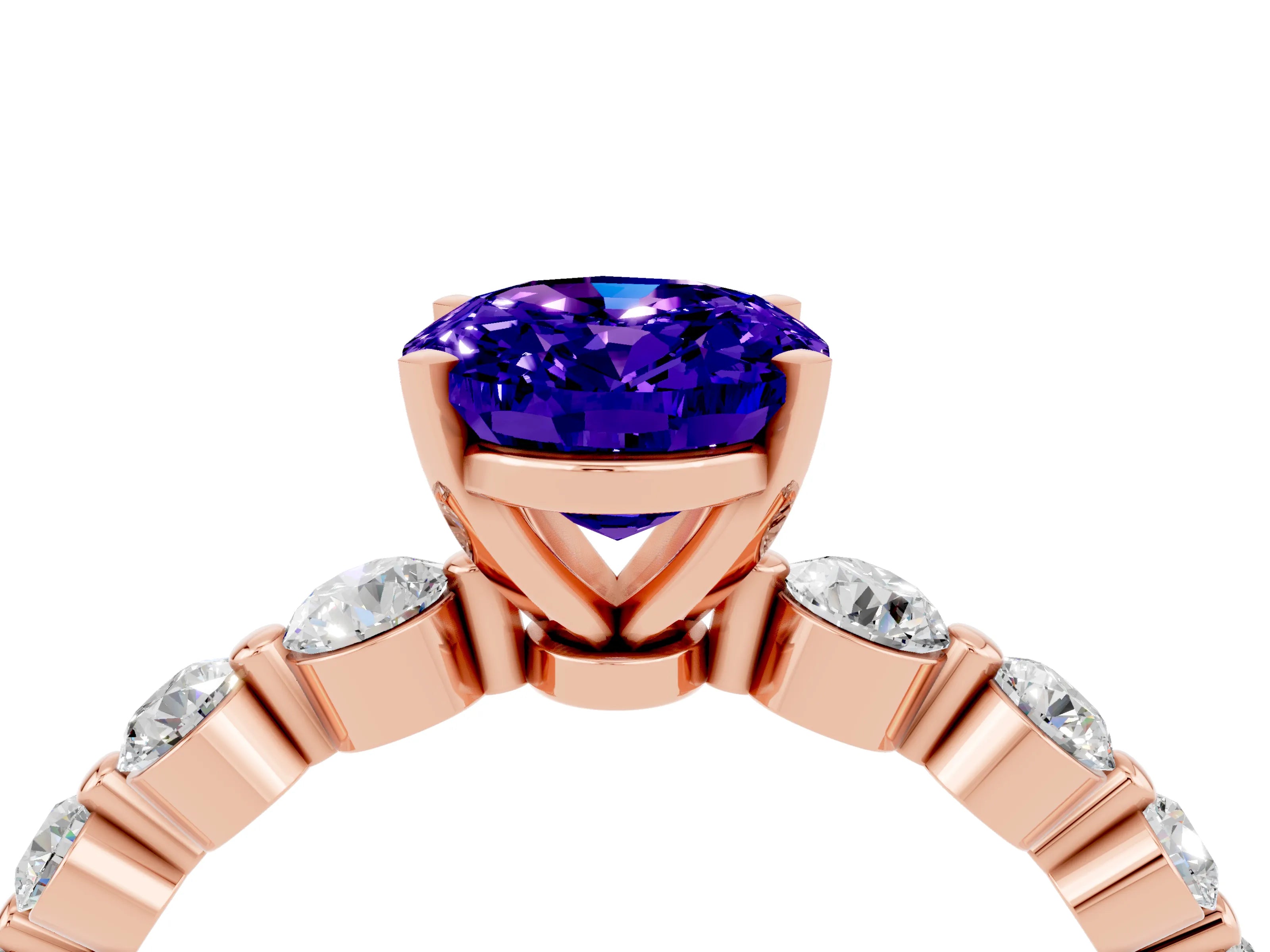 Rose gold Oval Cut Solitaire Tanzanite Ring with Pave Band and Four-Prong Setting_4