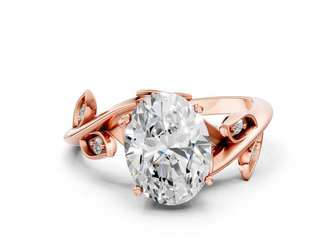 Rose gold Oval Cut Solitaire Twist Engagement Ring with Leaf Accents and Prong Setting_15