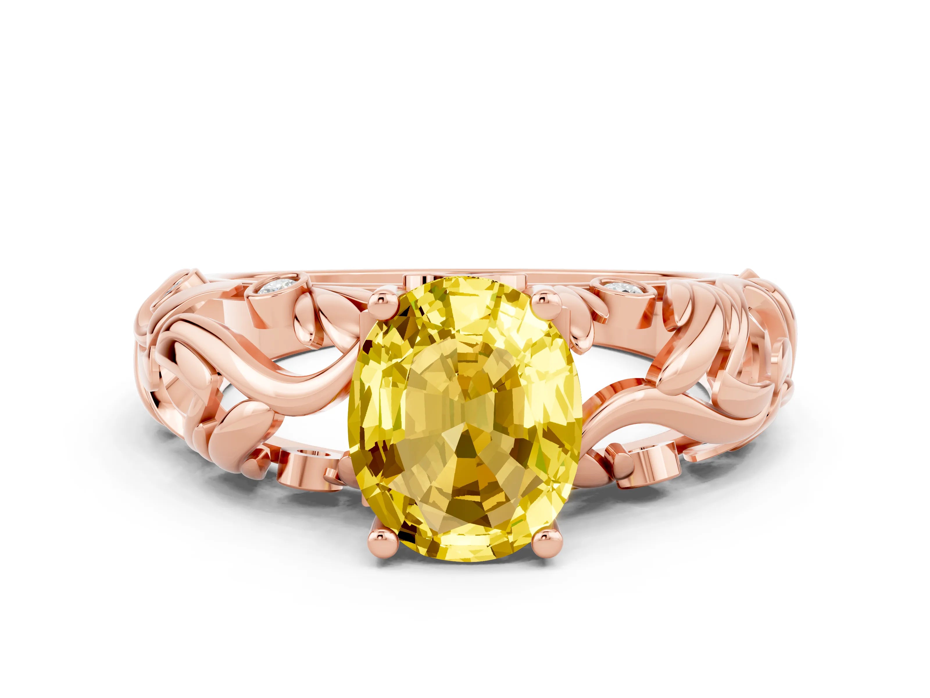 Rose gold Oval Cut Solitaire Yellow Sapphire Leaf-Inspired Vine Band Ring with Prong Setting_24