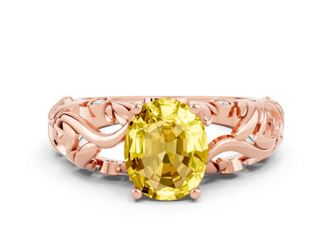 Rose gold Oval Cut Solitaire Yellow Sapphire Leaf-Inspired Vine Band Ring with Prong Setting_24