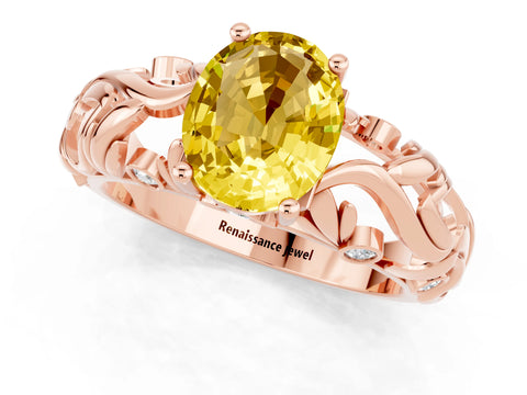Rose gold Oval Cut Solitaire Yellow Sapphire Leaf-Inspired Vine Band Ring with Prong Setting_25