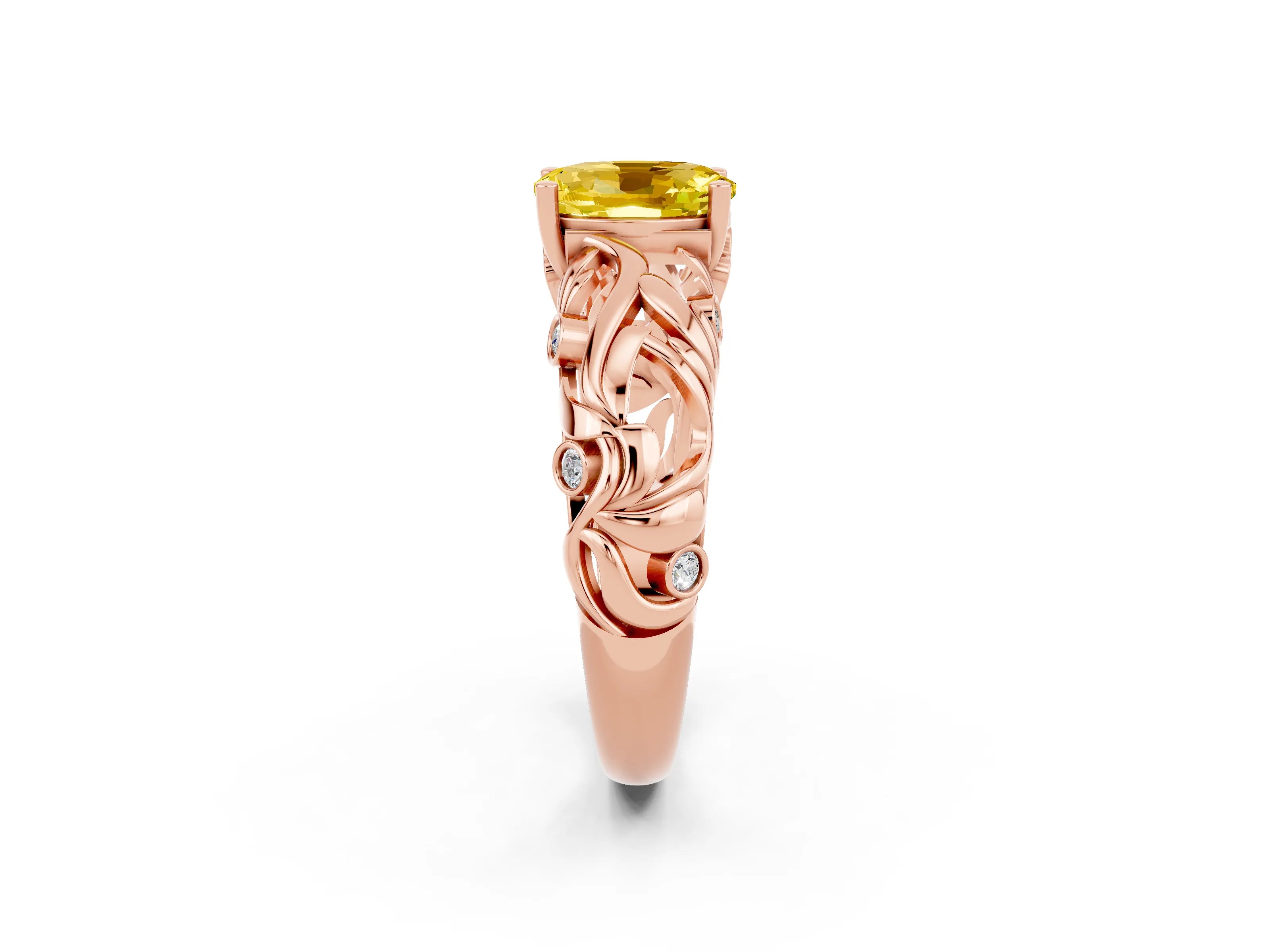 Rose gold Oval Cut Solitaire Yellow Sapphire Leaf-Inspired Vine Band Ring with Prong Setting_26