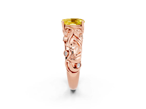 Rose gold Oval Cut Solitaire Yellow Sapphire Leaf-Inspired Vine Band Ring with Prong Setting