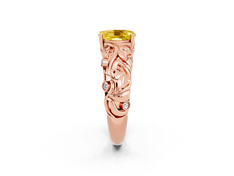 Rose gold Oval Cut Solitaire Yellow Sapphire Leaf-Inspired Vine Band Ring with Prong Setting_26