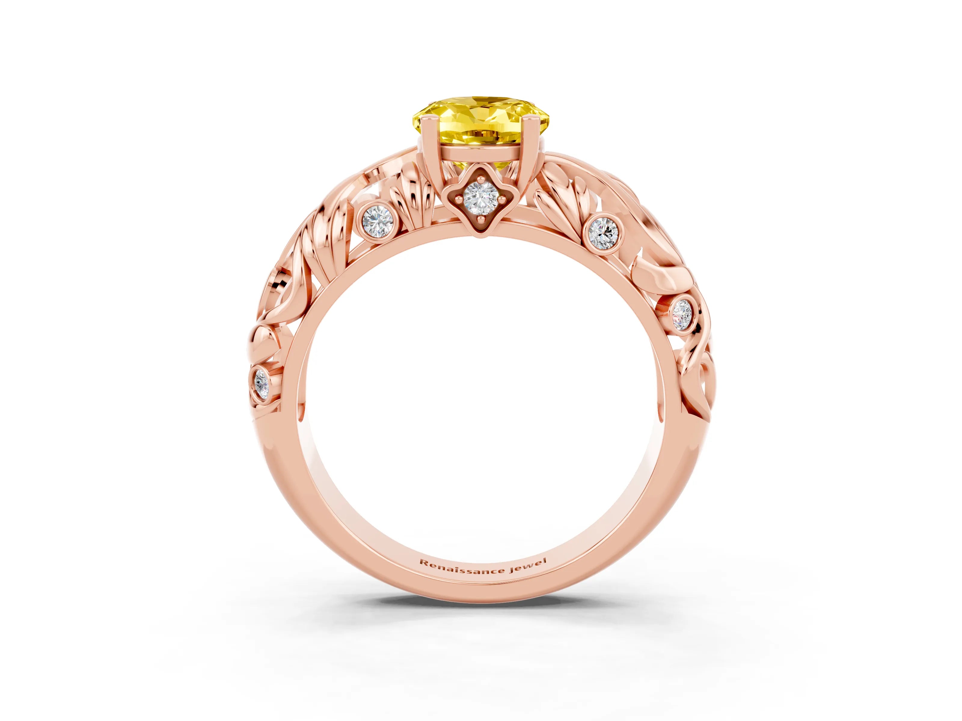 Rose gold Oval Cut Solitaire Yellow Sapphire Leaf-Inspired Vine Band Ring with Prong Setting_27